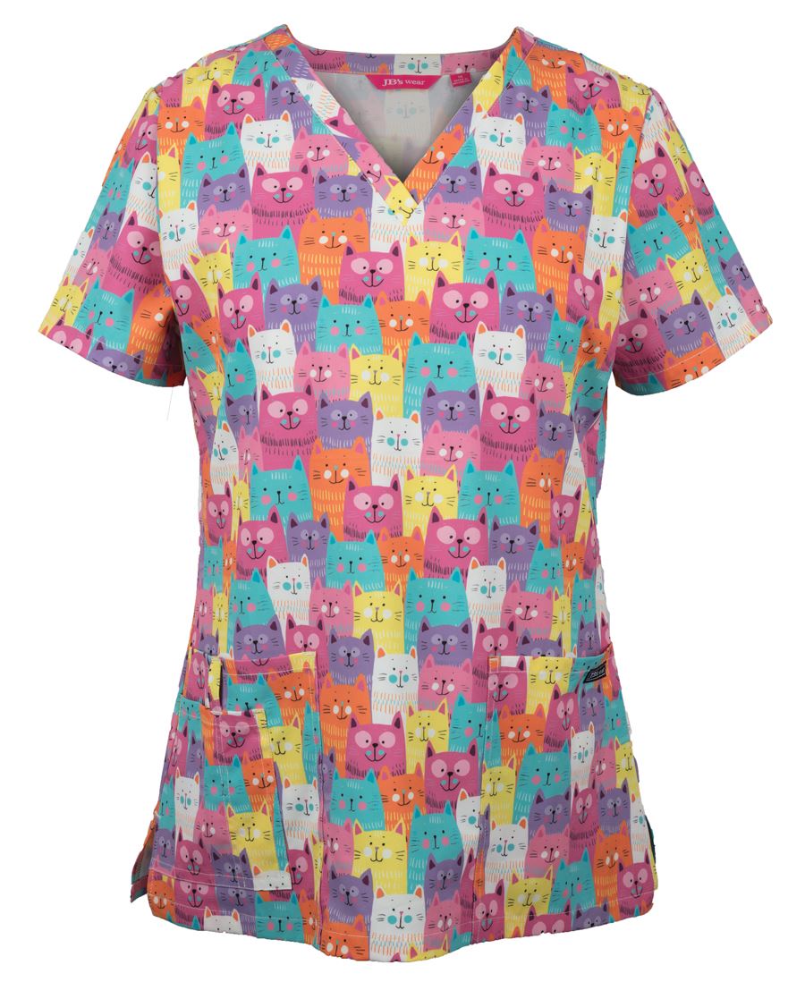 4STP1 - JB's LADIES SCRUB TOP PRINTED CAT - UNBRANDED