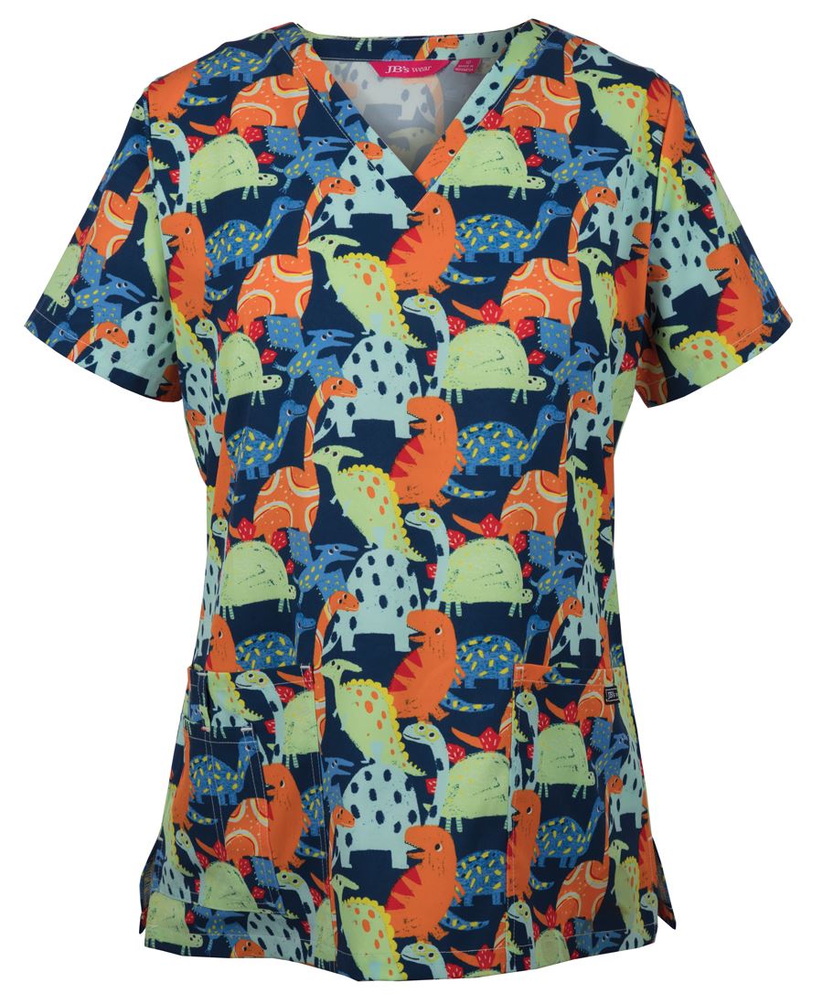 4STP1 - JB's LADIES SCRUB TOP PRINTED DINO - UNBRANDED