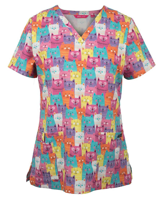 4STP1 - JB's LADIES SCRUB TOP PRINTED CAT  - UNBRANDED