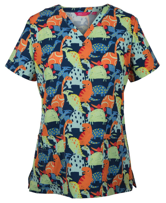 4STP1 - JB's LADIES SCRUB TOP PRINTED DINO  - UNBRANDED