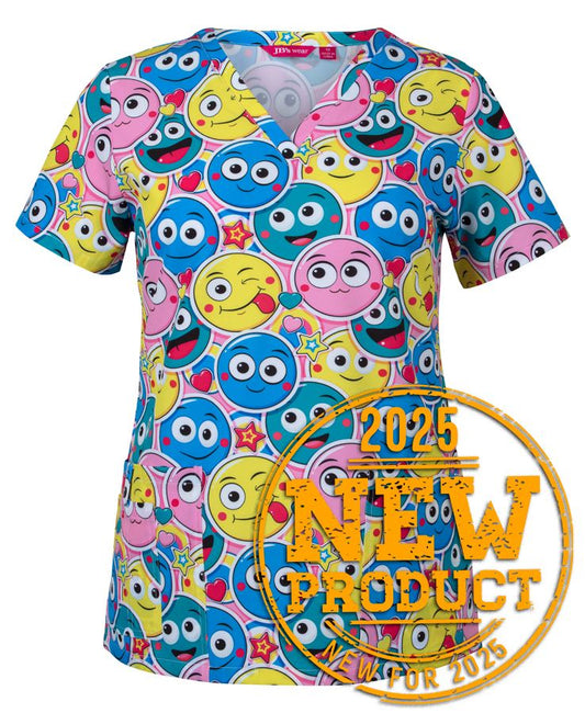 4STP1 - JB's LADIES SCRUB TOP PRINTED SMILEY  - UNBRANDED