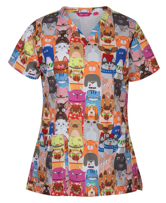 4STP1 - JB's LADIES SCRUB TOP PRINTED RAINING CATS & DOGS  - UNBRANDED