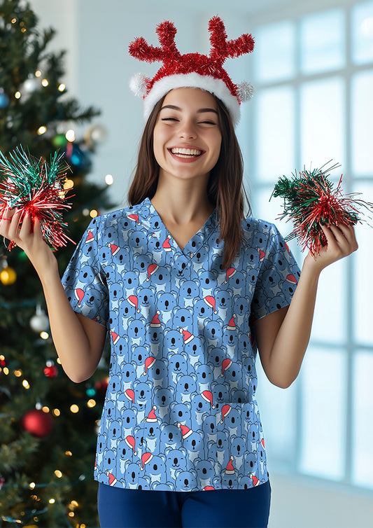 CST547LS - Womens Christmas V-Neck Short Sleeve Scrub Top - UNBRANDED